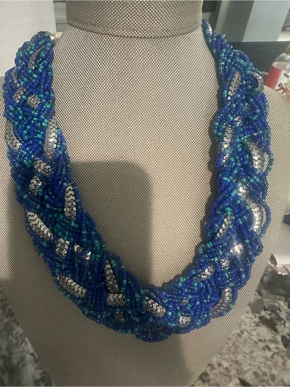 Braided Beaded Necklace in Blue & Green with Silver Accents 18”